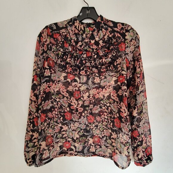 Zara Black Red Floral Print Ruffle Bib Long Sleeve Sheer Blouse Shirt Size XS - Picture 3 of 13